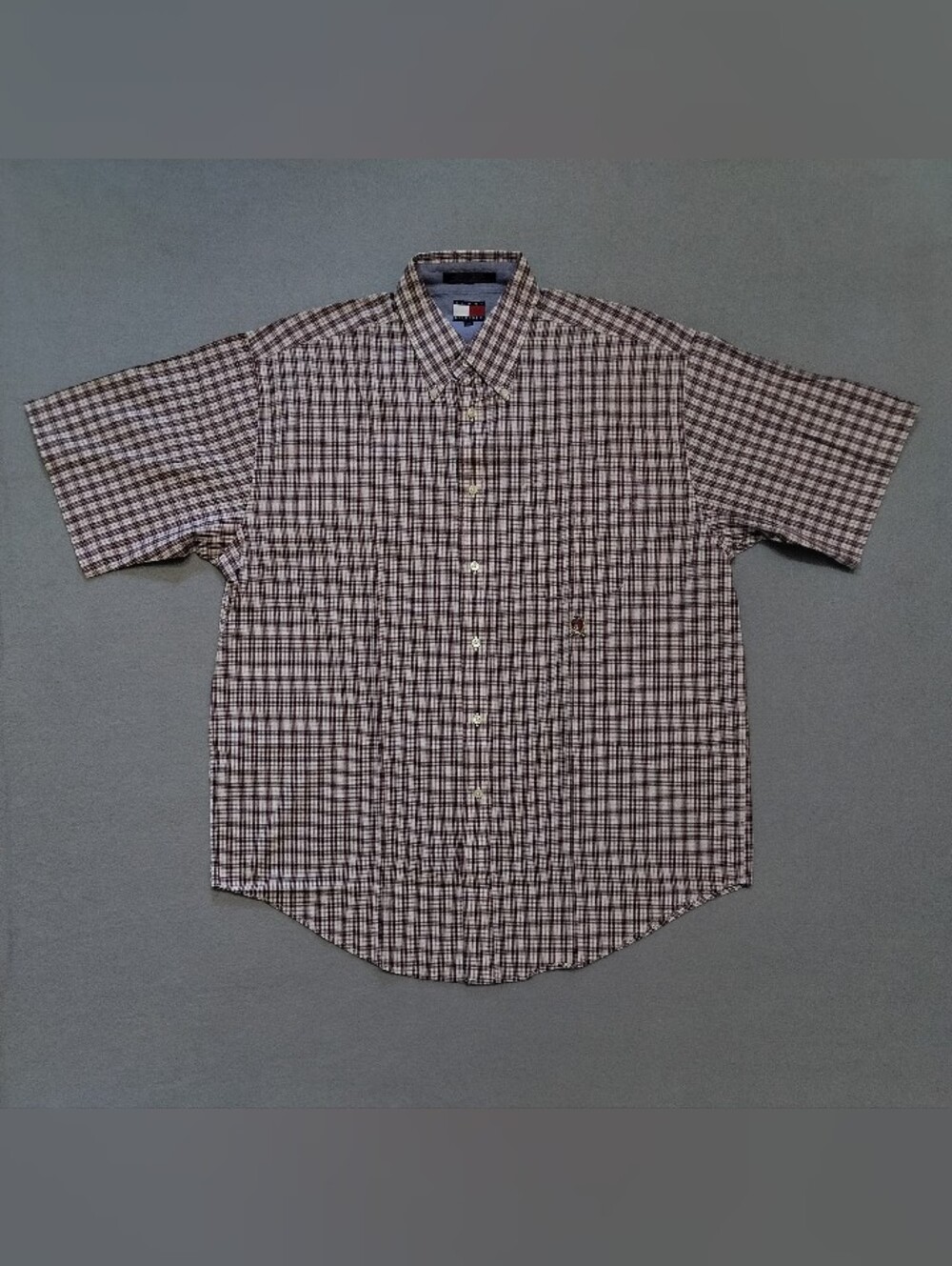 VTG Tommy Hilfiger Plaid S/S Button Up Shirt Red Navy Men's Size Large Cotton